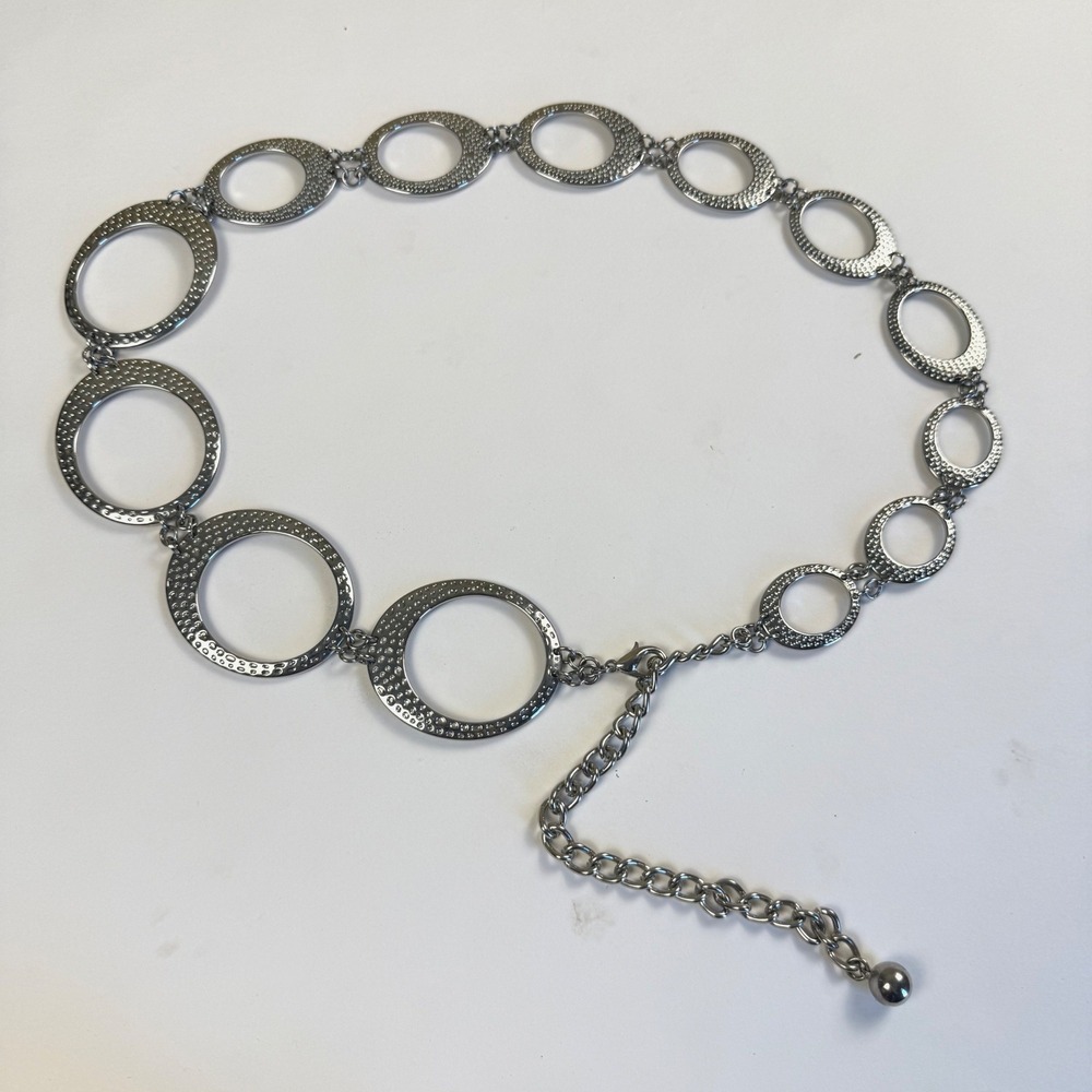 Silver Y2K Hammered Oval Link Metal Chain Belt Gunmetal Adjustable OS to 40"